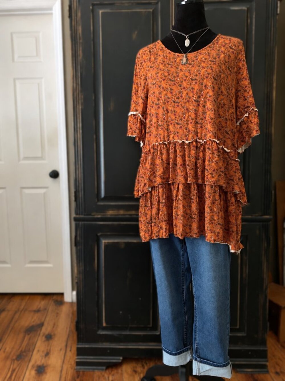 Matilda Jane - Size: XXL Orange Floral Ruffle Tiered Boho Tunic Top Bell Sleeve